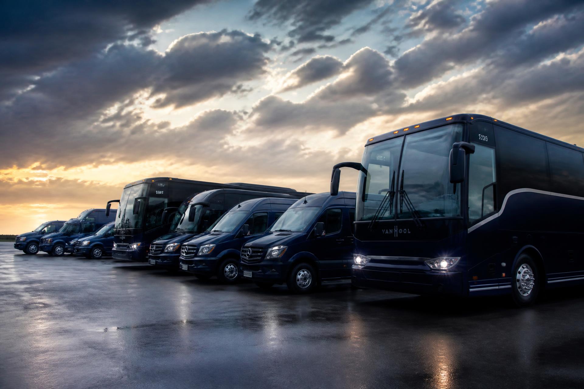 Frota de vans, micro-ônibus e ônibus executivos de fretamento estacionados ao amanhecer