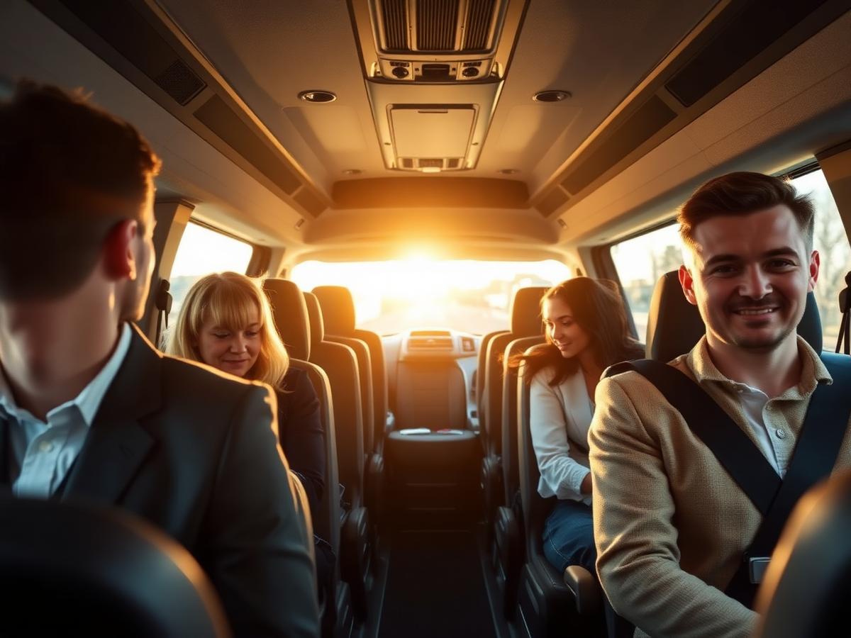 Passageiros a bordo de um micro-ônibus executivo